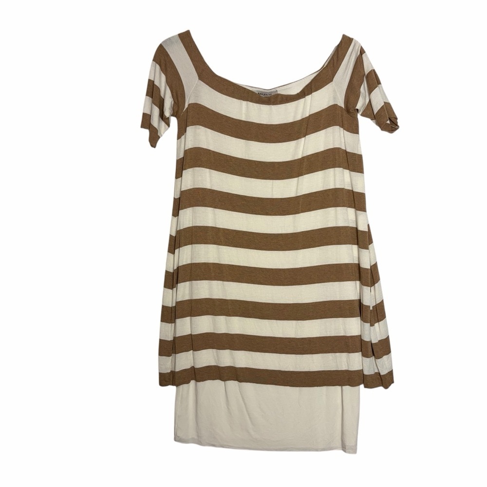 Bailey 44 Off Shoulder Striped Dress Lined Layered Bodycon Mini Brown Cream Sz M